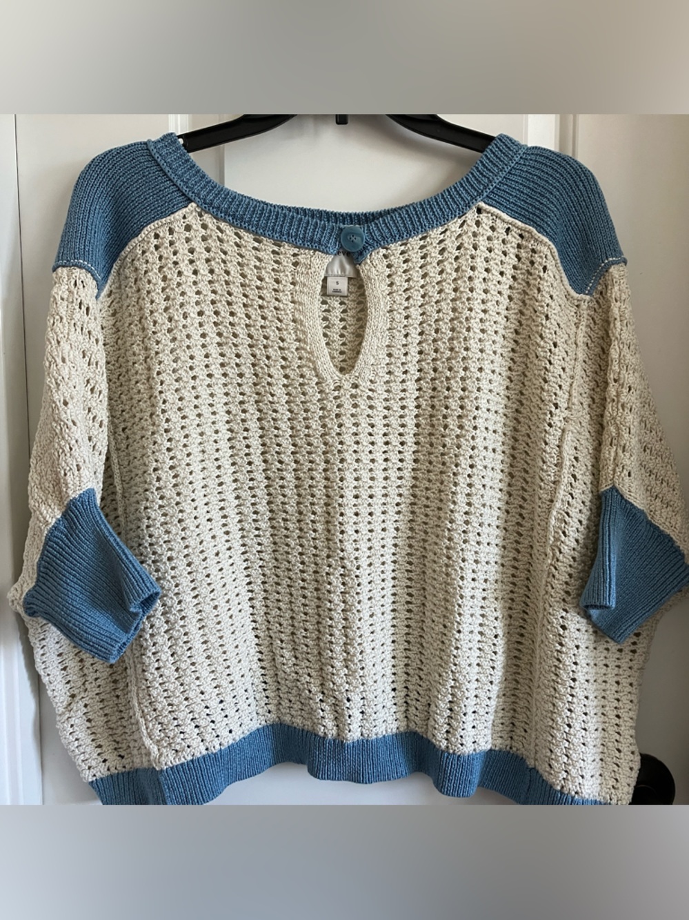 Maeve Cream Open-Knit Sweater with Blue Trim